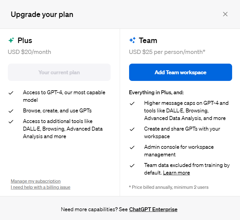 ChatGPT Plus and ChatGPT Team Pricing